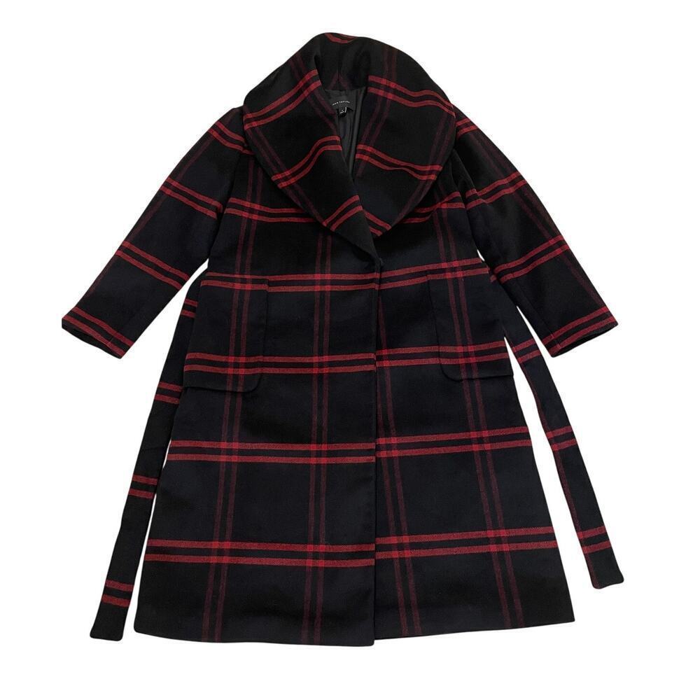 Ann Taylor Wool Blend Plaid Long Coat | Double Breasted Black Gray Red NWOT $300 - Picture 2 of 14